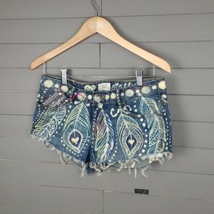 Boho Painted Blue Denim Jean Shorts with Feather Painted Designer Boho Motif